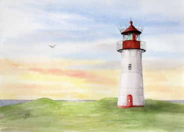 Poster DIN-A4 Aquarell Kunst Maritim Druck Kunstdruck Leuchtturm  Sylt Nordsee Meer Strand Dünen
